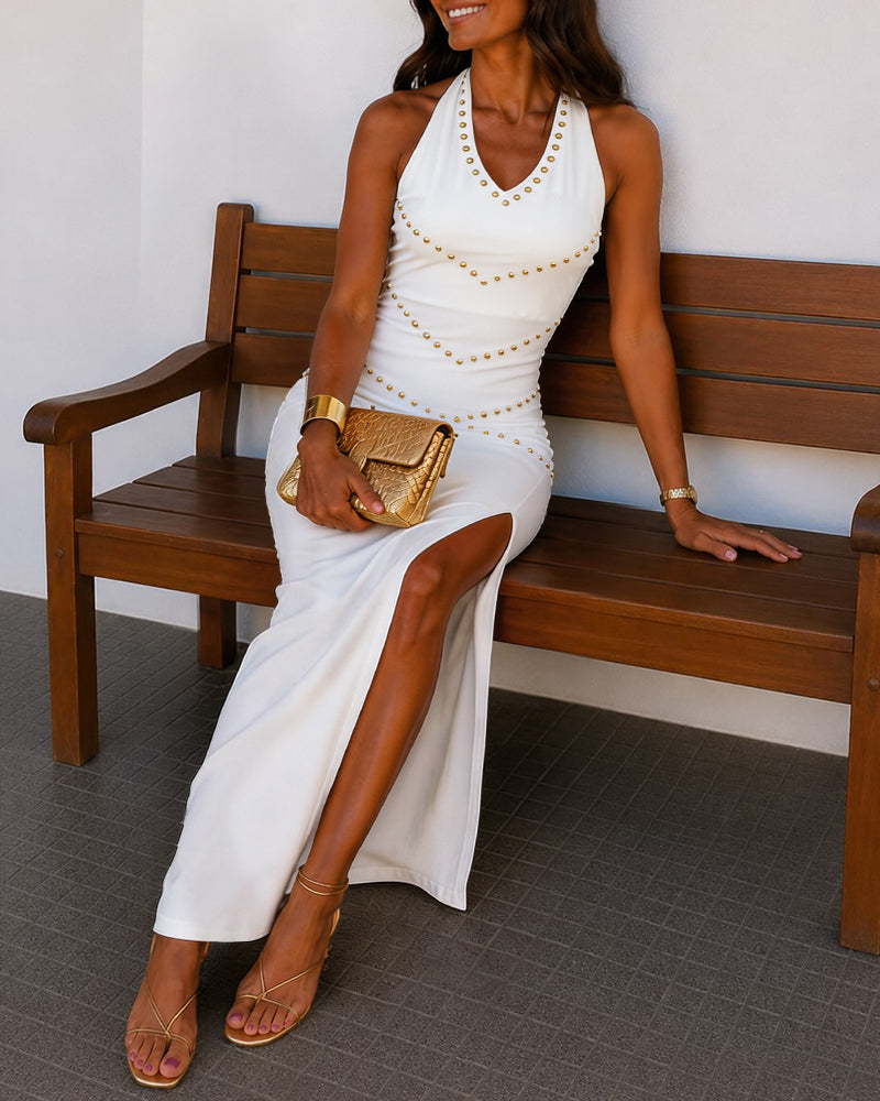 Women's Studded Halter Tie Backless V Neck High Slit Bodycon Dress