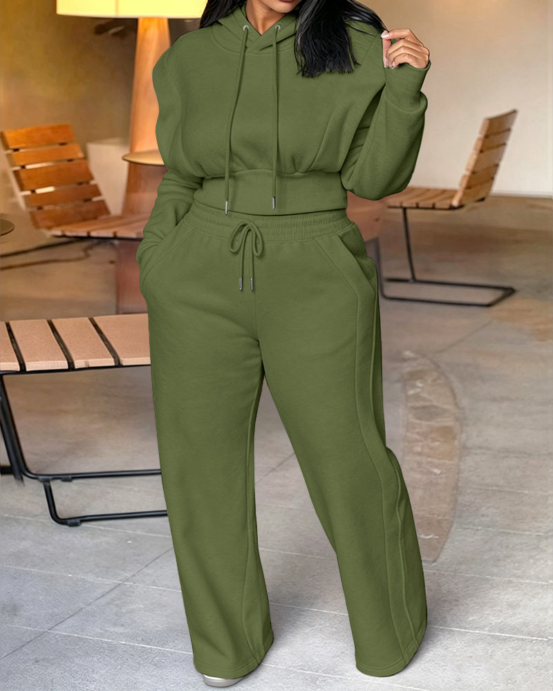 2-teiliges Outfit, langärmliges, kurzes Kapuzenpullover-Sweatshirt mit Kordelzug, Bündchen mit Daumenlöchern und lässigem Jogginghosen-Set mit Kordelzug und elastischer Taille mit weitem Bein 