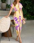 Women's Floral V-Neck Midi Dress Slim Fit Ruched Slit Dress Casual Short Sleeve Vacation Dress