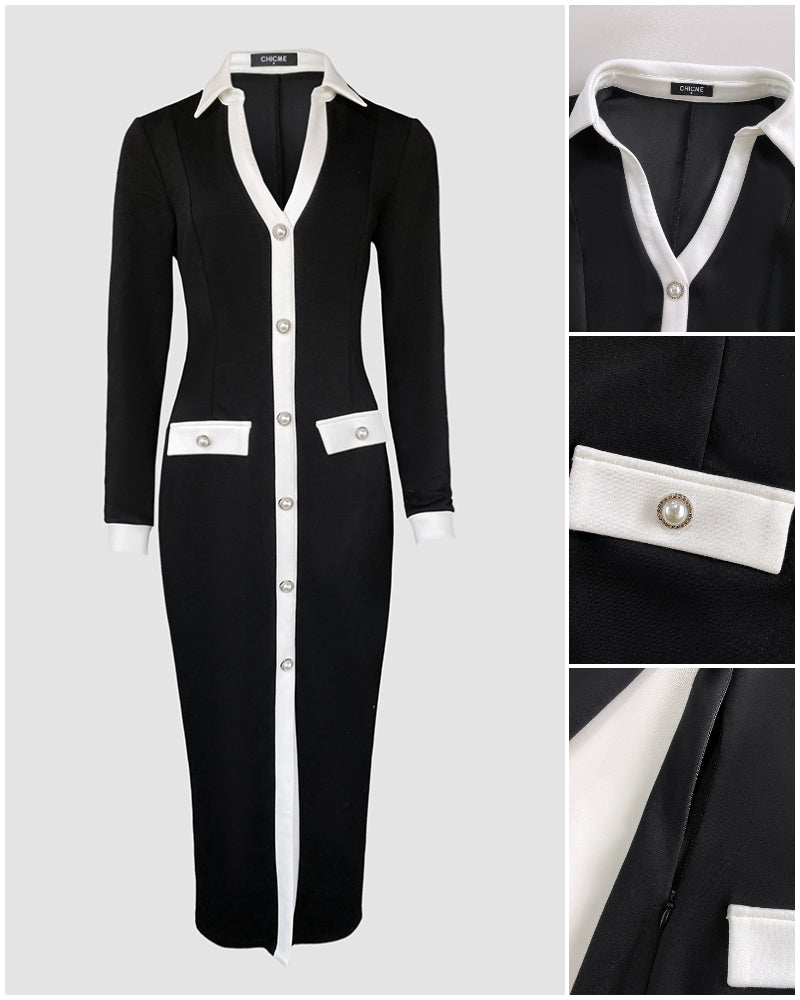 Pearls Button Decor Contrast Paneled Turn-down Collar Slit Front Dress Zipper Side Flap Detail Slim Fit Commuting Dress