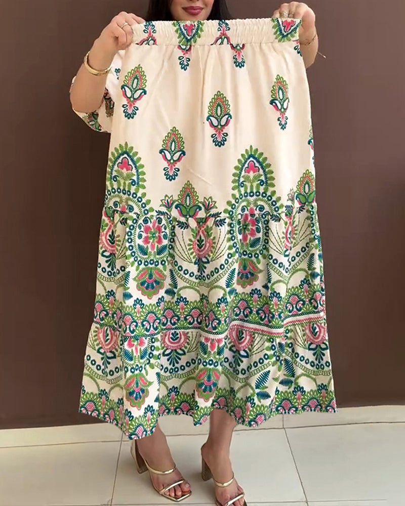2 Pieces Outfit Tribal Print Short Sleeve Top and Casual Ruffles Hem Skirt Set