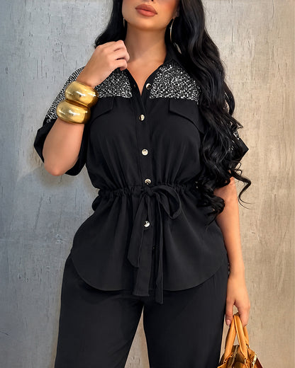 Women's 2 Piece Outfits Sequin Mesh Patchwork Drawstring Top and Wide Leg Pants Set
