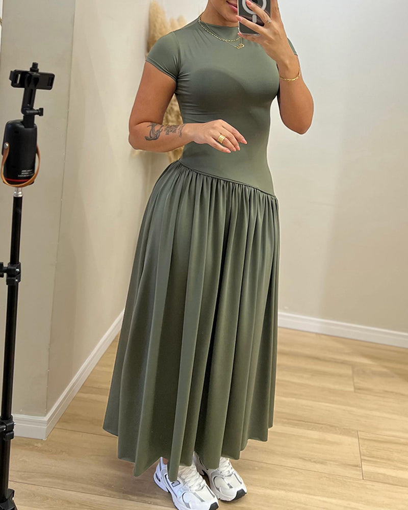 Women's Short Sleeve Crewneck Asymmetric Waist Maxi Dress Ruched A-Line Dress