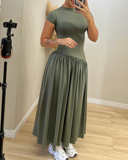Women's Short Sleeve Crewneck Asymmetric Waist Maxi Dress Ruched A-Line Dress