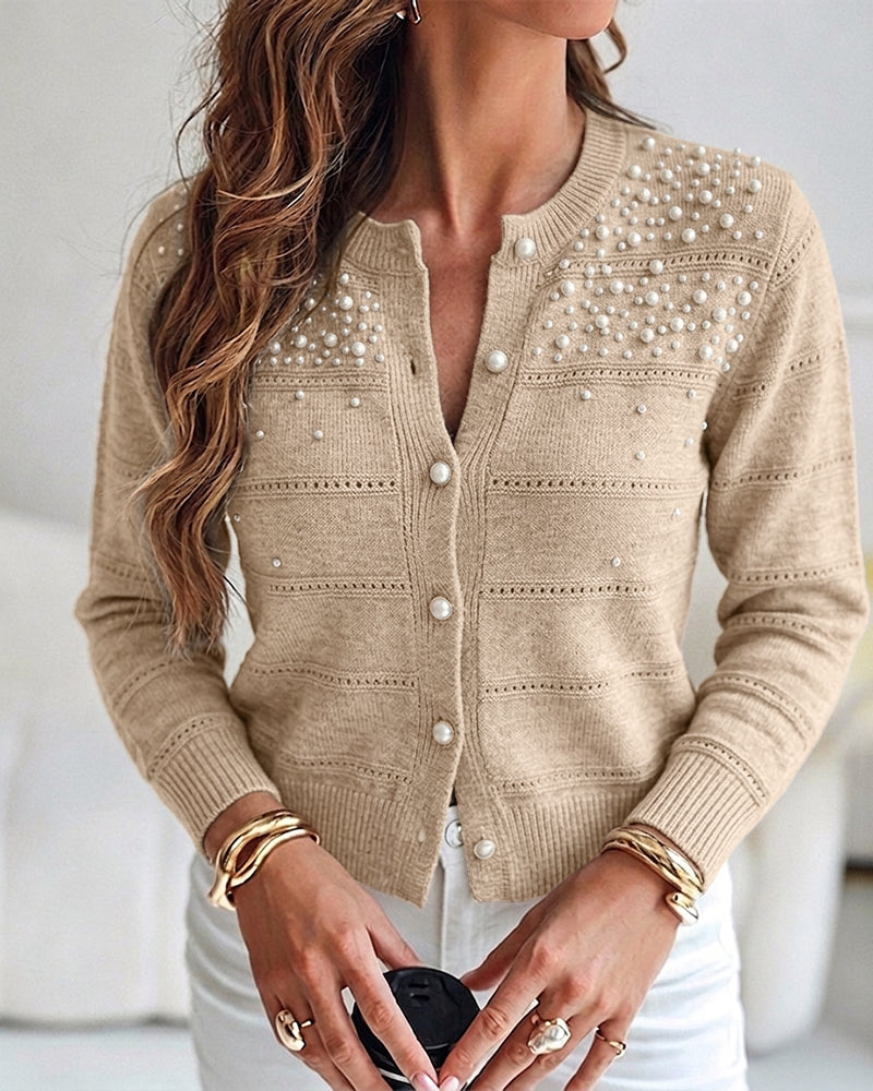 Women's Pearl Beaded Knit Cardigan Elegant Hollow Out Crop Sweater Casual Button Down Coat