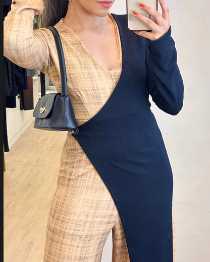 Colorblock Long Sleeve V Neck Faux Two Piece Jumpsuit Casual Wide Leg Romper