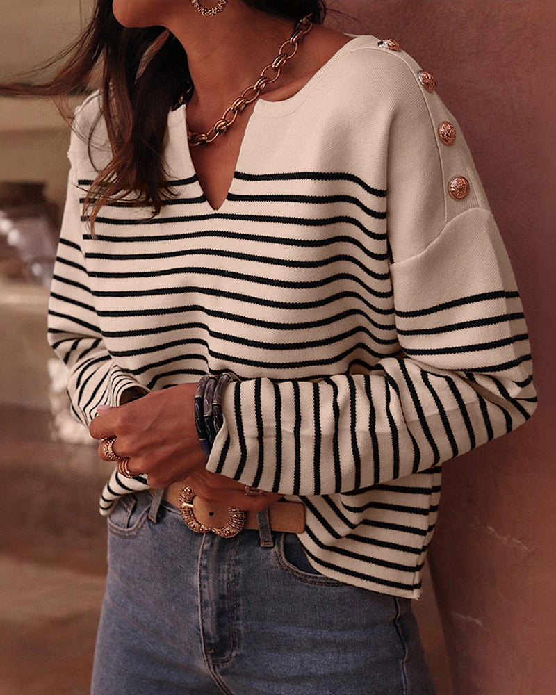 Women's Striped Knit Top Notch Neck Gold Button Drop Shoulder Long Sleeve Sweater