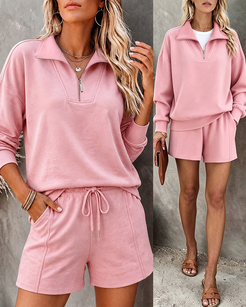 Women's Half Zipper Sweatshirt and Drawstring Shorts Set Casual Stand Collar Pullover Elastic Waist Matching Outfit
