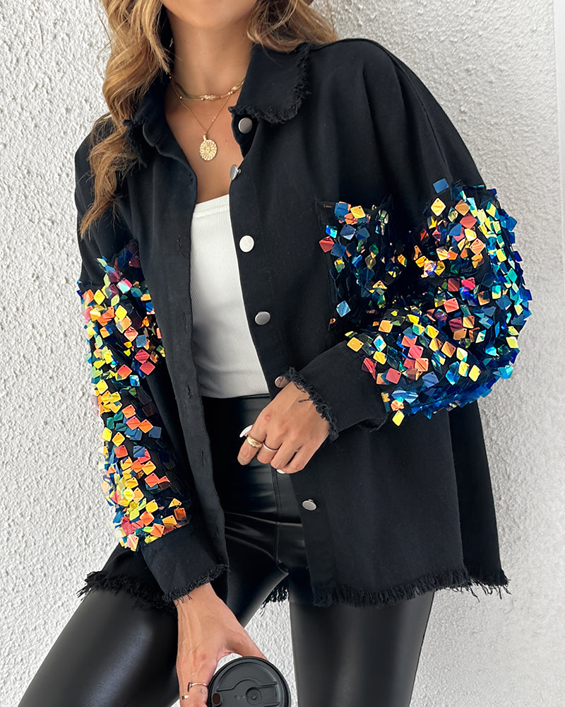 Contrast Sequin Long Sleeve Jacket Top Button Front Raw Hem Loose Fit Shacket