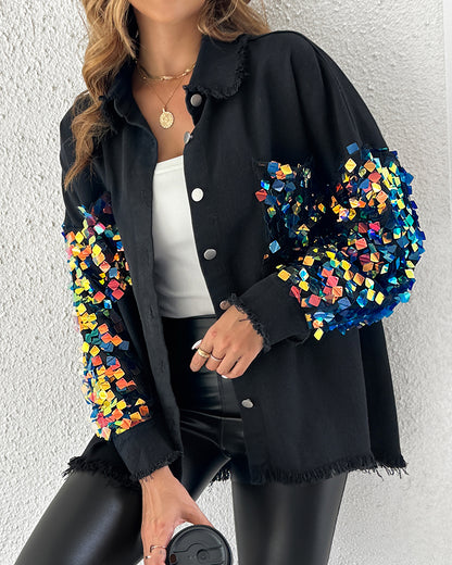 Contrast Sequin Long Sleeve Jacket Top Button Front Raw Hem Loose Fit Shacket