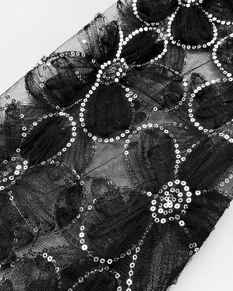 Deep V-Neck Sequin & Flower Decor Mesh Lantern Sleeves Ruched Blouse Slim Fit Top