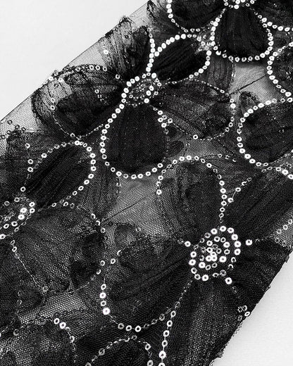 Deep V-Neck Sequin & Flower Decor Mesh Lantern Sleeves Ruched Blouse Slim Fit Top