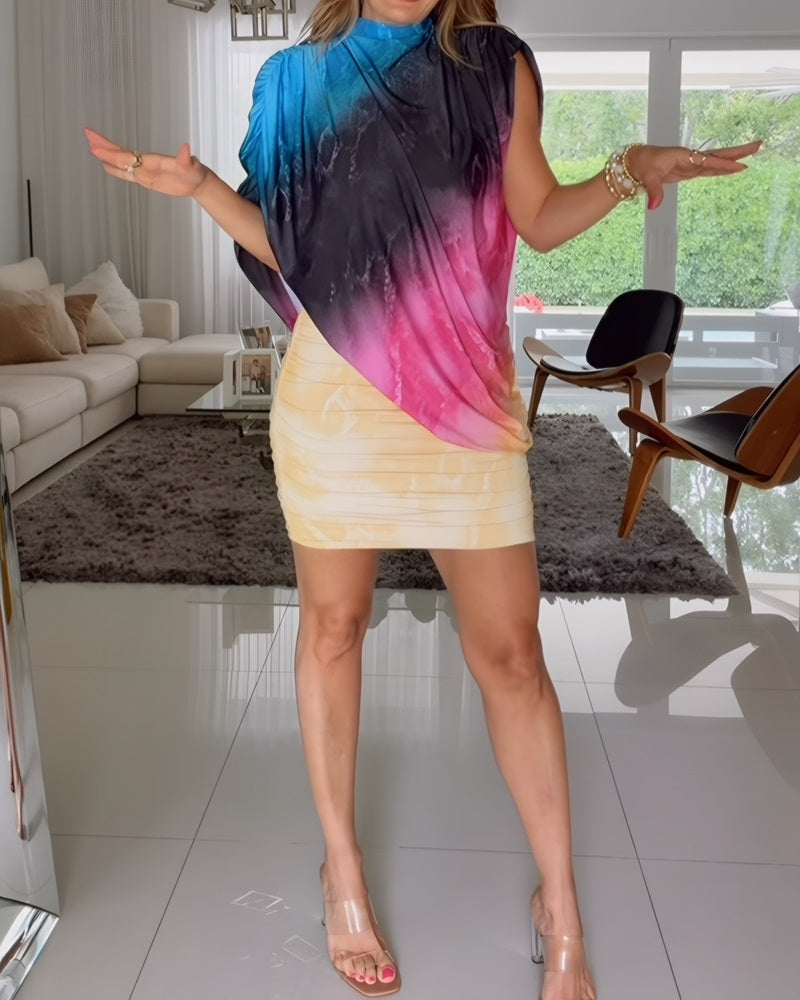 Women's 3 Piece Tie Dye Skirt Set Asymmetrical Drape Top and Ruched Bodycon Mini Skirt Set with Bandeau
