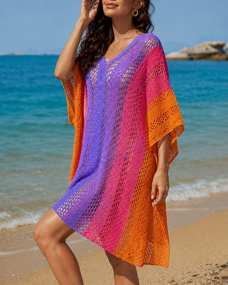 Women's Beach Cover Up Colorblock Stripe V Neck Batwing Sleeve Side Slit Cover Up