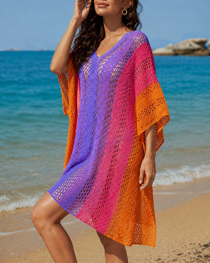 Women's Beach Cover Up Colorblock Stripe V Neck Batwing Sleeve Side Slit Cover Up