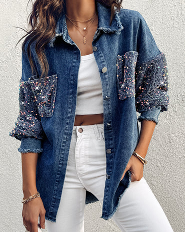 Turn-down Collar Contrast Sequin Long Sleeve Fringe Hem Denim Jacket Casual Coat