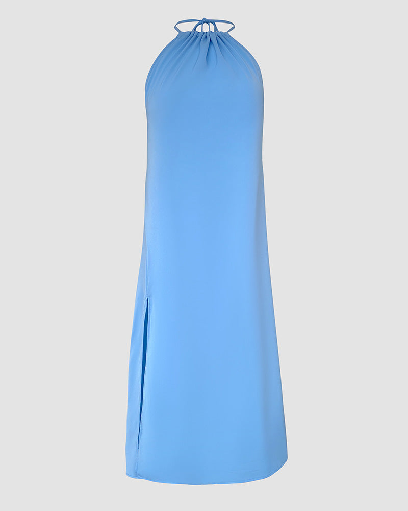 Halter Sleeveless Backless Maxi Dress Casual Shirred Back Side Slit Vacation Dress