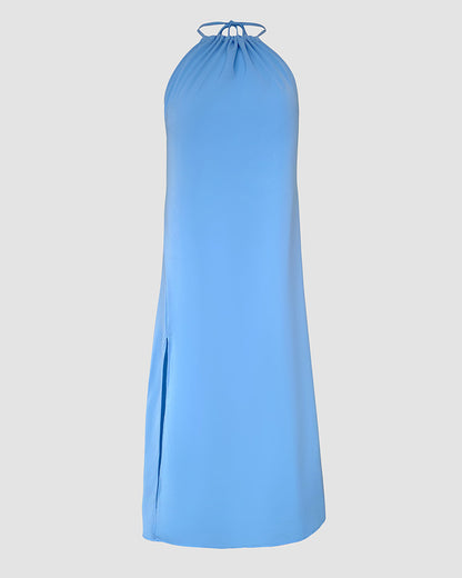 Halter Sleeveless Backless Maxi Dress Casual Shirred Back Side Slit Vacation Dress