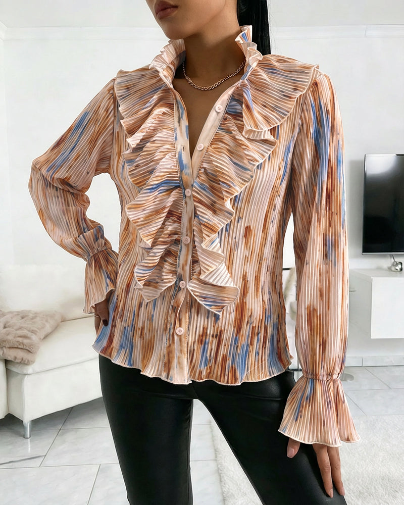 Tie Dye Print Stand Collar Flared Cuffs Button Front Blouse Casual Ruffles Design Pleated Top
