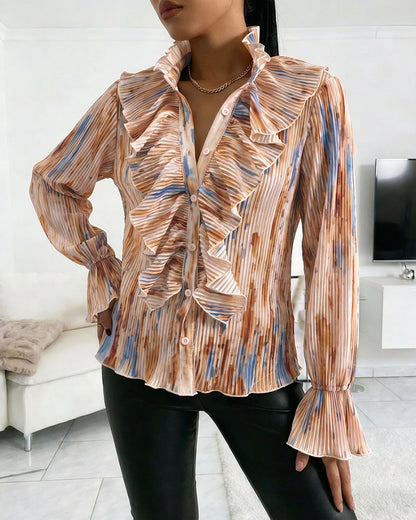 Tie Dye Print Stand Collar Flared Cuffs Button Front Blouse Casual Ruffles Design Pleated Top