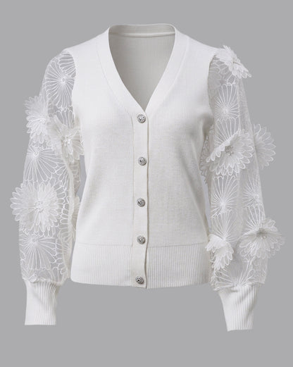 Cárdigan de malla de manga larga para mujer, suéter de punto con cuello en V bordado, botones con pedrería y corte ajustado de canalé, abrigo informal