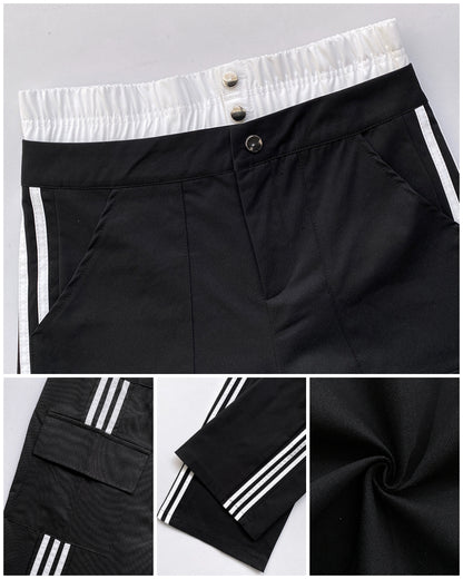 Contrast Side Striped Zipper Fly Stretchy High Waist Pants Flap Pockets Design Double Waistband Cargo Pants