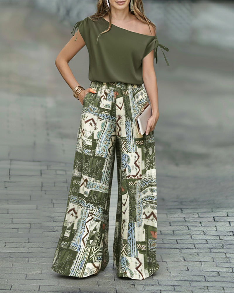 2 Piece Outfit Drawstring Cold Shoulder Top and Floral Print Wide Leg Pants Set