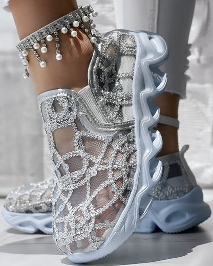 Contrast Sequin Sheer Mesh Patch Breathable Sneakers