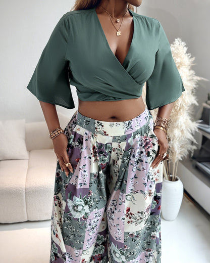 Twisted Crop Top & Floral Print Wide Leg Pants Set