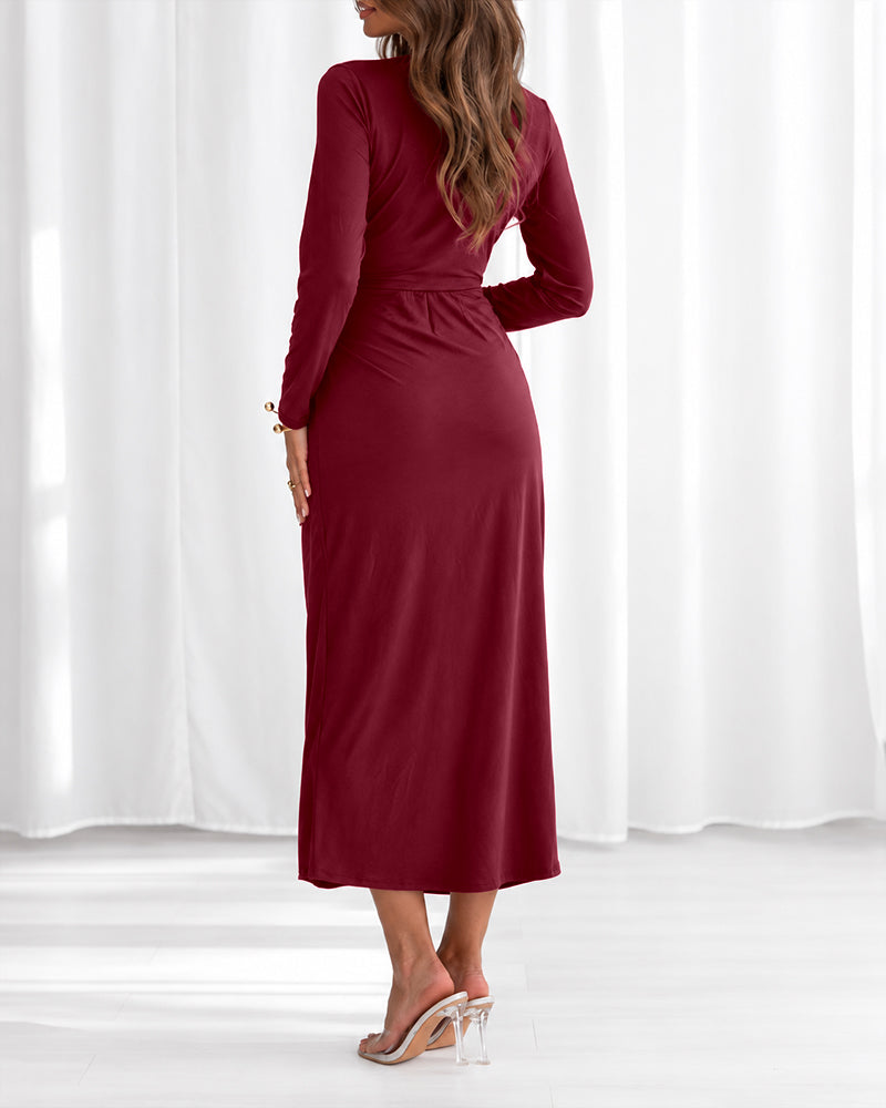Women's Elegant V-Neck Long Sleeve Ruched Front Slit Midi Evening Dress