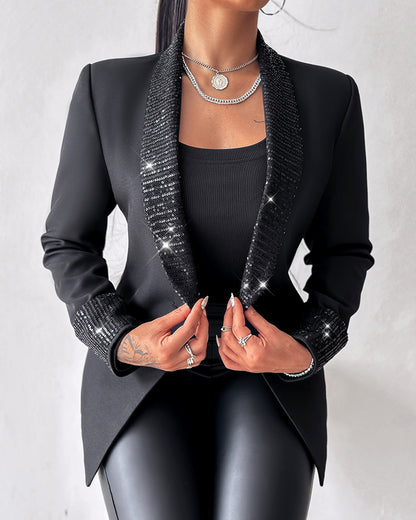 Contrast Sequin Shawl Collar Blazer Coat Button Front Long Sleeve Coat
