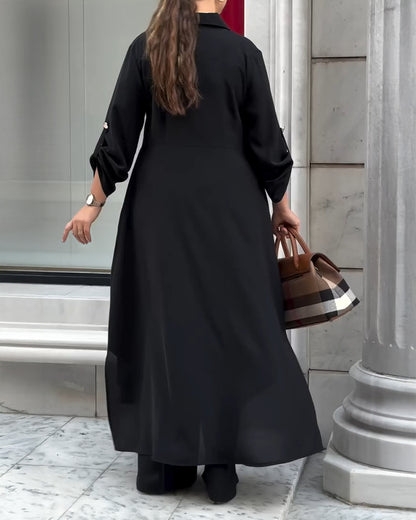 2 Pieces Outfit Turn-down Collar Turn-Up Sleeves Button Front Asymmetrical Hem Longline Blouse and Casual Elastic Waist Wide Leg Pants Set