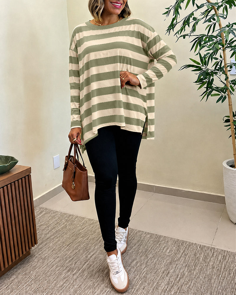 Women's Striped T Shirt Long Sleeve Drop Shoulder Crewneck Tee Side Slit Casual Loose Fit Top