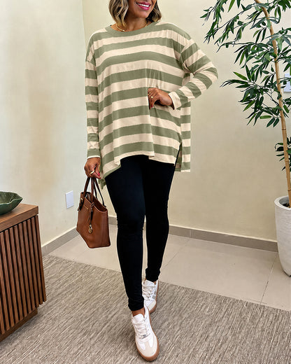 Women's Striped T Shirt Long Sleeve Drop Shoulder Crewneck Tee Side Slit Casual Loose Fit Top