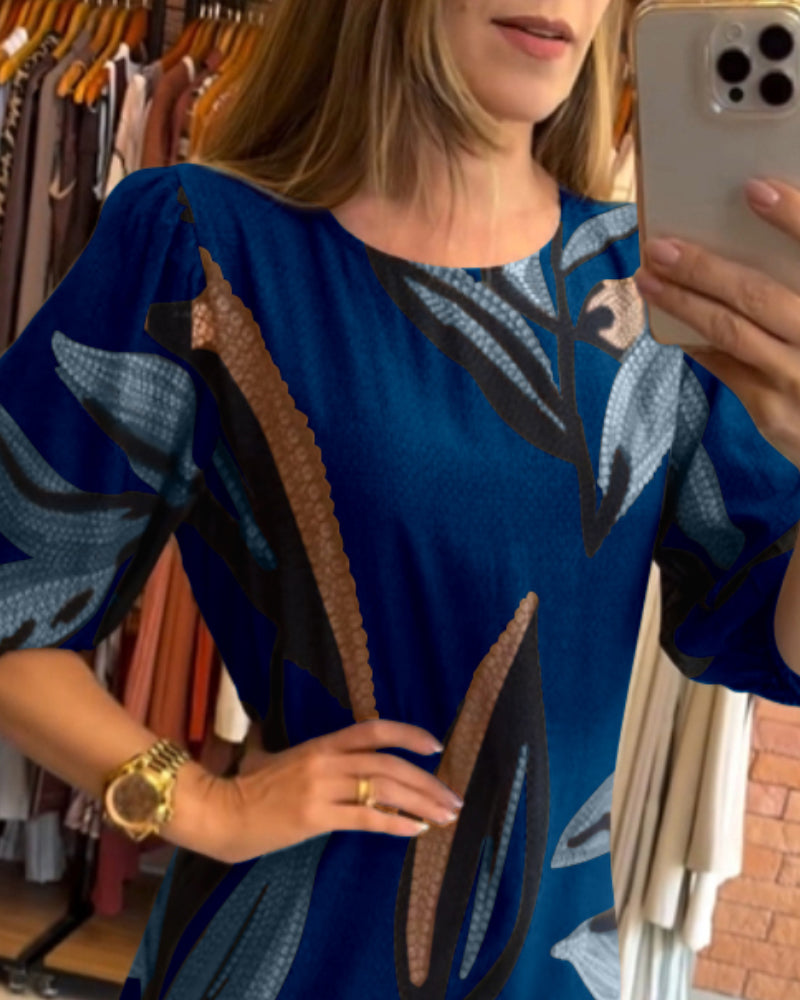 Plants Print Round Neck Half Sleeve Midi Dress