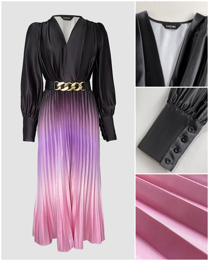 Ombre Plunge Pleated Midi Dress With Chain Decor Belt