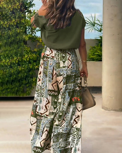 2 Piece Outfit Drawstring Cold Shoulder Top and Floral Print Wide Leg Pants Set