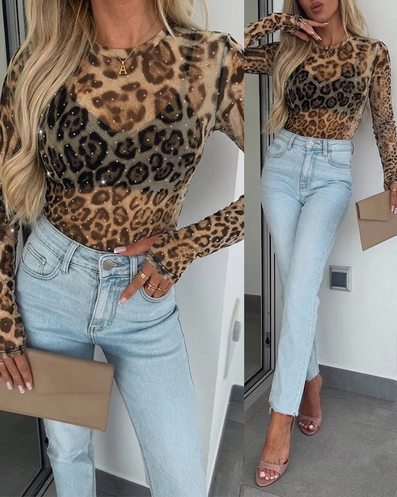 Women's Vintage Leopard Rhinestone Mesh Top Slim Fit Long Sleeve Tee with Thumb Holes