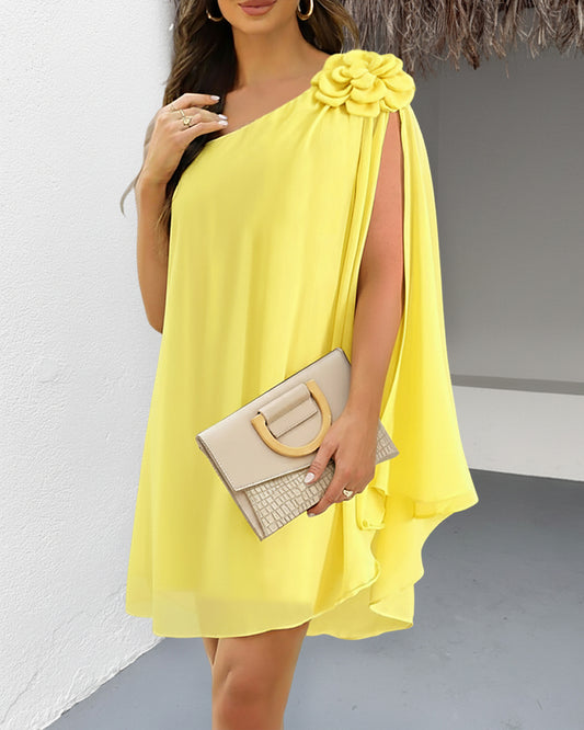 One Shoulder Sleeveless 3D Flower Decor Mini Dress Casual A Line Vacation Dress