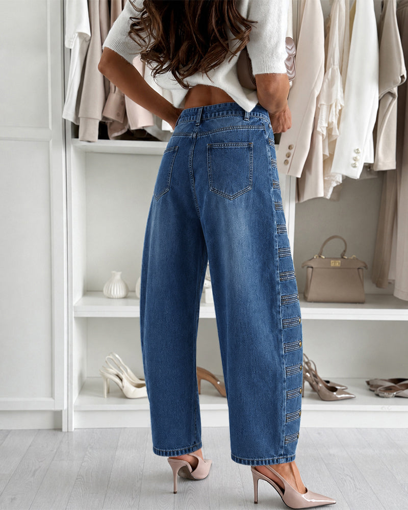 Women's Barrel Jeans High Waisted Side Button Denim Pants Distressed Washed Baggy Trousers Retro Y2K Streetwear