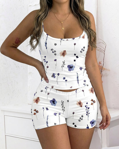 2 Pieces Outfit U-Neck Adjustable Spaghetti Straps Top and Elastic Waist Shorts Set Casual Watercolor Ditsy Floral Print Slim Fit Cami Set