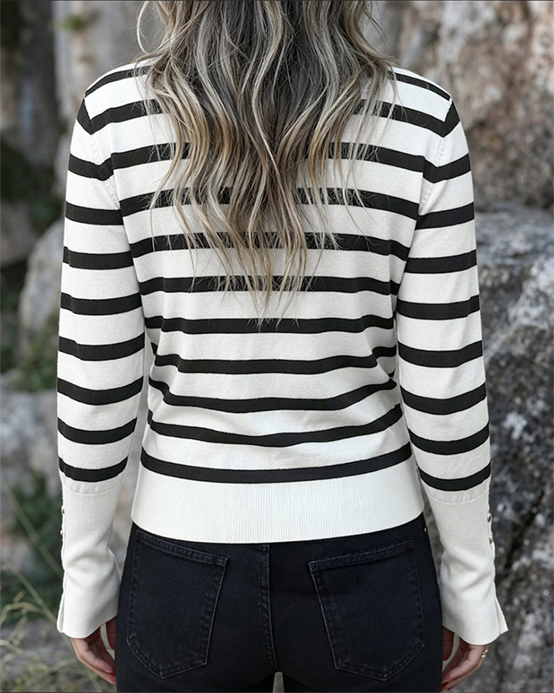 Women's Striped Crew Neck Gold Button Split Cuff Fitted Knit Top