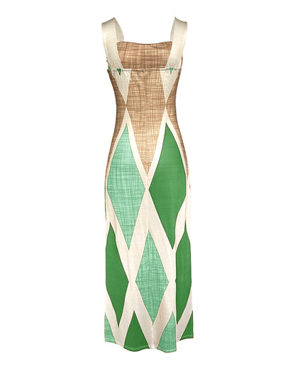 Geometric Print Square Neck Thick Strap Vacation Dress Casual Slim Fit Slit Maxi Dress