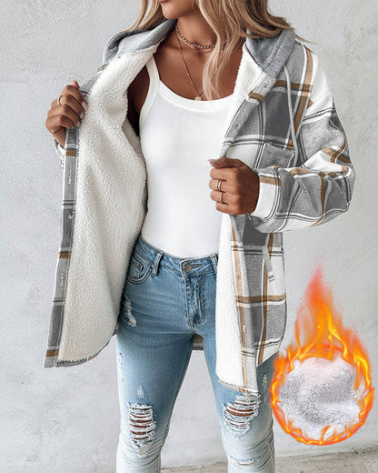 Plaid Pattern Long Sleeve Shacket Button Down Fleece Lined Hooded Jackets Warm Coat