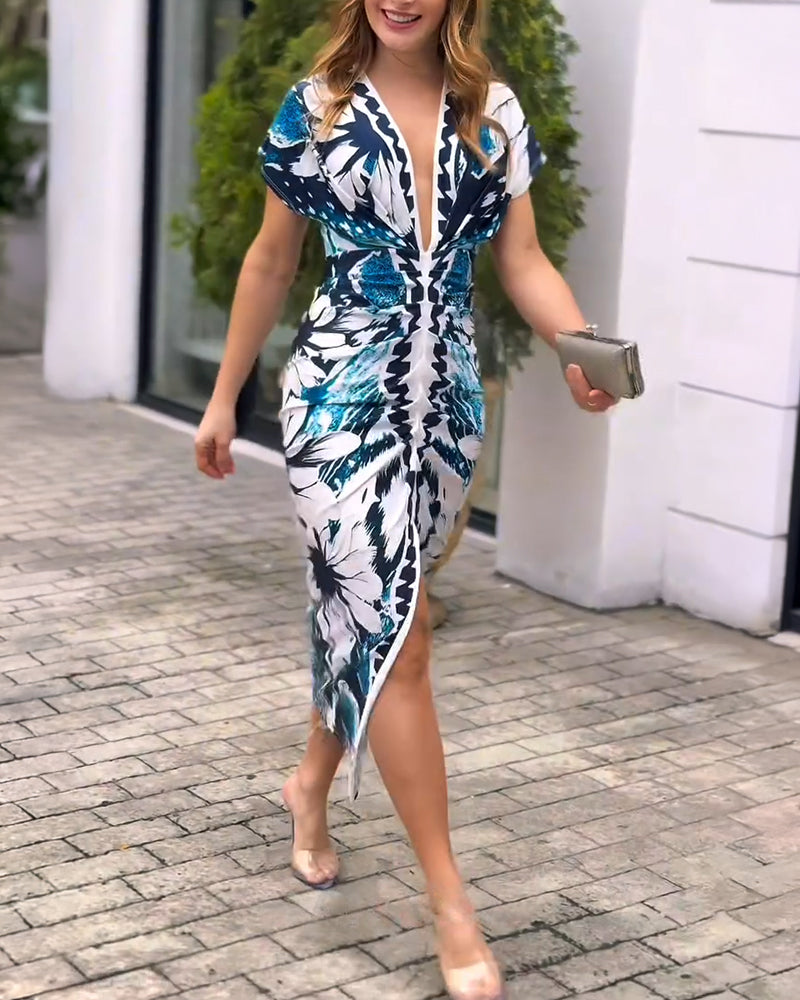 Vintage Floral Placement Print Deep V-Neck Short Sleeve Ruched Mid-length Dress Slim Fit Slit Front Vacation Dress