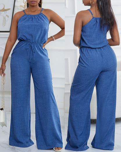 Womens Spaghetti Strap Drawstring Tied Waist Jumpsuit Casual Overalls