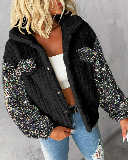 Turn-down Collar Sequin Patch Teddy Jacket