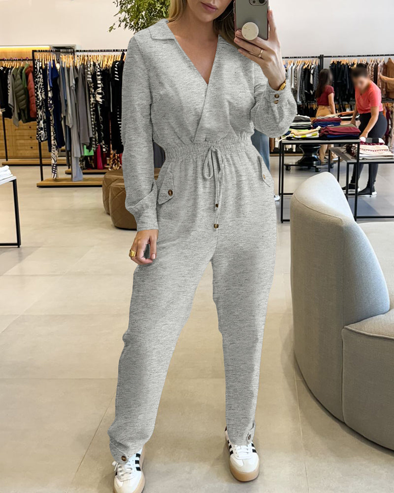 Turn-down Collar Overlap V-Neck Drawstring Stretchy Waist Jumpsuit Casual Flap Pockets Design Jumpsuit