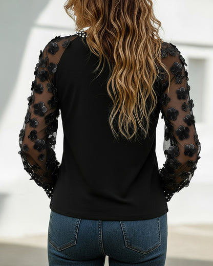 Rhinestone Decor 3D Floral Applique Sheer Mesh Long Sleeve Tee Casual Top