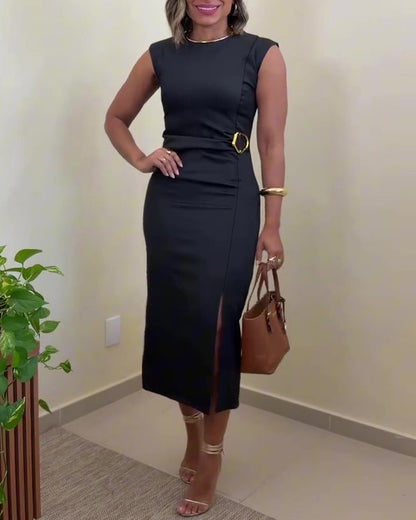 Women's Sleeveless Midi Dress Gold Buckle Ruched Front Slit Bodycon Dress